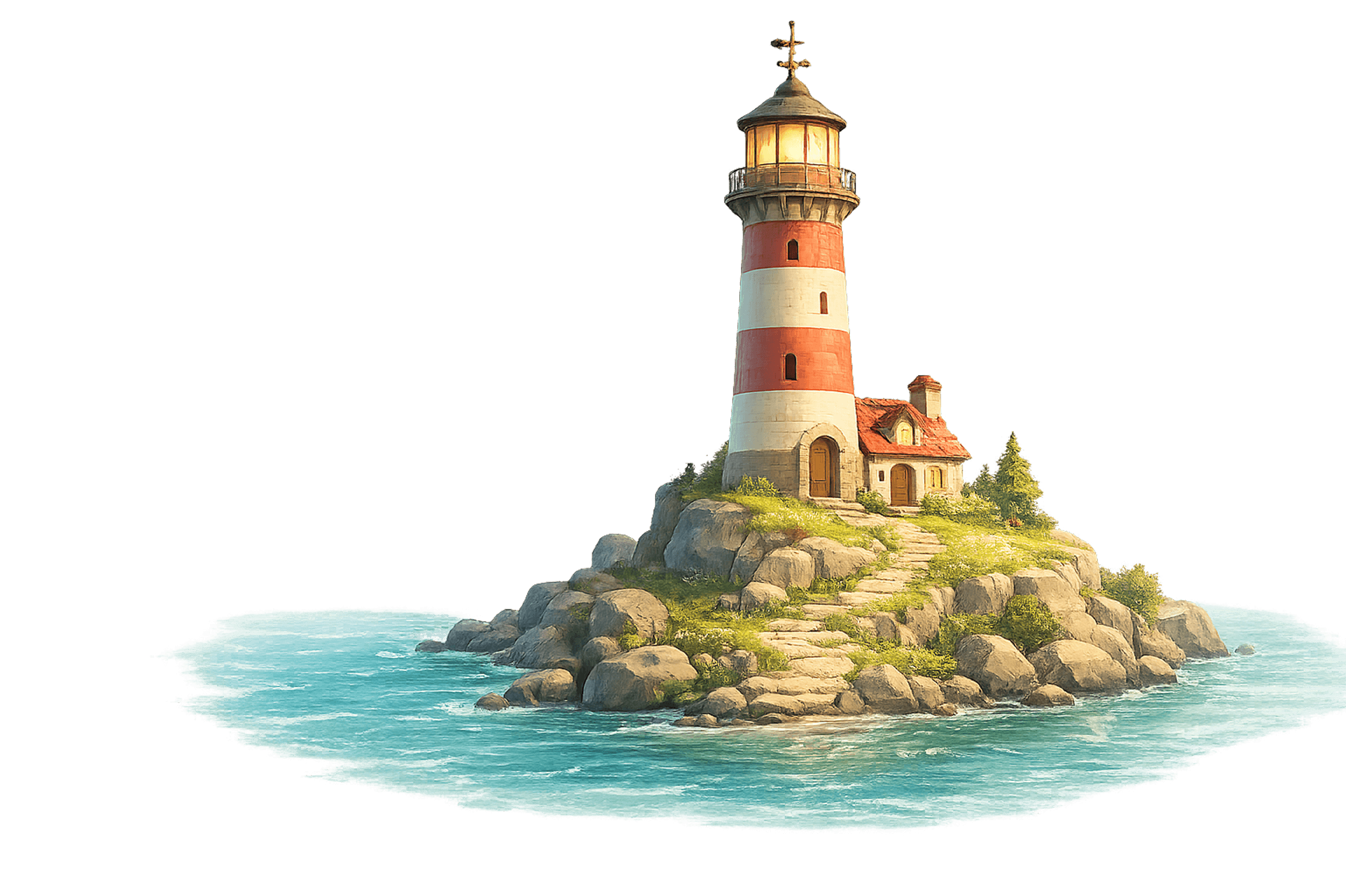 Lighthouse and cottage on a small island surrounded by calm turquoise water